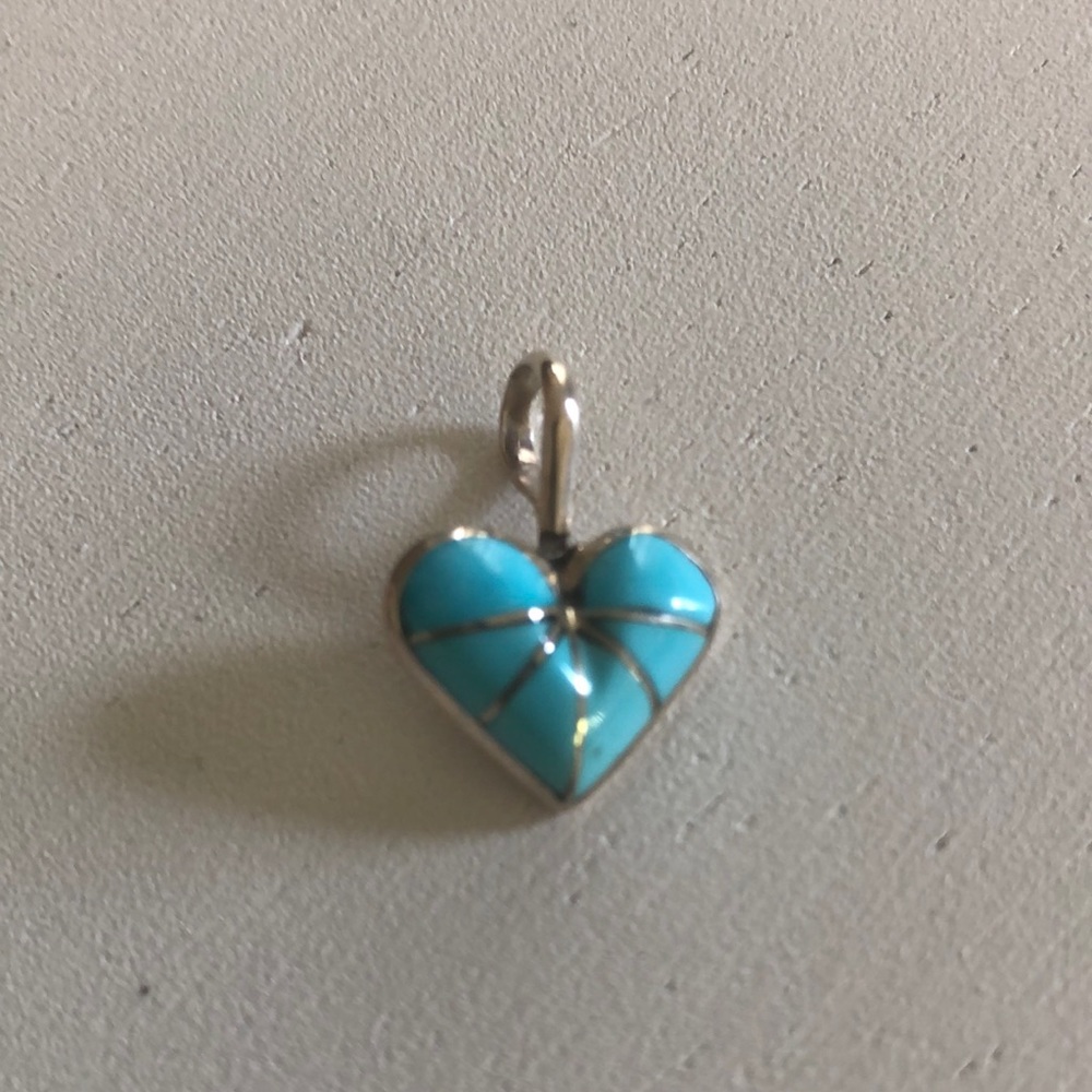 Zuni Sleeping beauty turquoise and sterling silver heart charm with silver bale